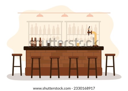 Bar restaurant with counter. Interior with pub counter, bar chairs and shelves with alcohol. No people, empty. Beer faucet, glasses and beer bottles. flat vector illustration