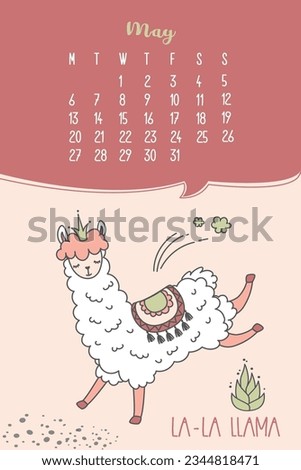 Calendar for May 2024. week from Monday to Sunday. Cute llama in jump. Alpaca cartoon character. Funny animal. scandinavian style design. Vector illustration