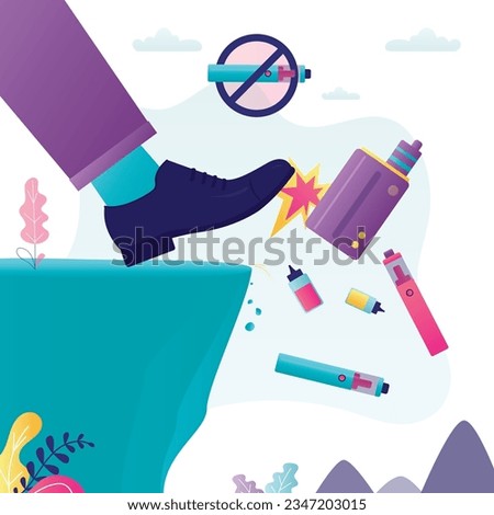 Big foot of user kick e-cigarettes off cliff into abyss. Giving up vaping addiction. Stop vaping. Refuse e-cig smoking addiction. Prohibition of electronic cigarette. Healthy lifestyle. Social issues.