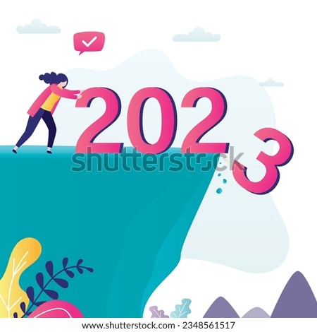Confident businesswoman throws numbers 2023 off cliff into abyss. The end of year, celebration of new year 2024. Hope for best, motivation, forecasting. Summing up business year. vector illustration