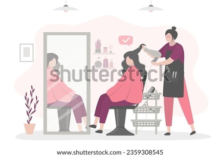 Beauty salon, specialist hair stylist doing haircut for female character sitting in chair. Caucasian woman client getting hairdo. Hair treatments in barber shop. Hairdressing in special center.