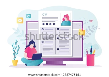 Smart businesswoman looking for new job on internet. Applicant woman builds cv resume in online web service. Female character search suitable vacancy in network. Job seeker, employment concept. vector