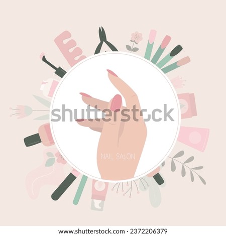 Banner for nail salon. Woman hand with manicure. Poster, template, place for text. flyer and invitation card. Discount voucher. Certificate coupon for manicure, pedicure procedures and tools. vector