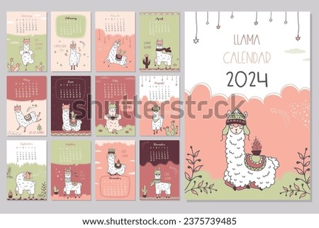 Calendar 2024, monday first. Schedule template with cute llama. New 2024 year calendar with alpaca cartoon character. Funny animal in scandinavian style. Doodle vector illustration