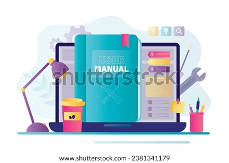 Find answers online in internet. User manual book or textbook on monitor screen. Concept of user guide, Q and A. FAQ and instructions, professional guide. flat vector illustration