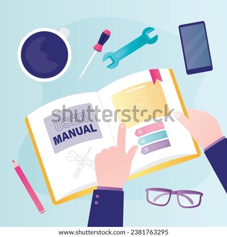 Customer find answers. Person reading user manual book or textbook. Top view. Concept of user guide, Q and A. FAQ and instructions, professional guide. flat vector illustration