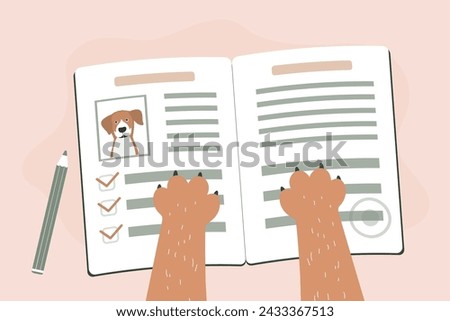 Animal passport. Pet ID card, travel and medical document. Animal paws hold an open document. flat vector illustration
