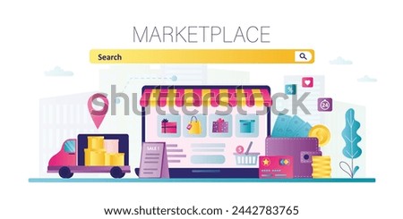 Marketplace website with search bar. Online shopping, e-commerce. Shopping store, delivery truck and wallet with money for payment. Display with storefront and various goods. flat vector illustration