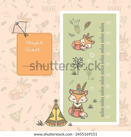 Kids height fox chart. Scale or meter with centimeter. Body growing and development, measurement. Hand drawn doodle design, wall poster for preschoolers room. Cartoon flat vector illustration