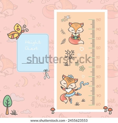 Kids height chart with adorable fox. Scale or meter with centimeter and wild animal. Body growing and development, measurement. Hand drawn doodle design, wall poster for preschoolers room. flat vector