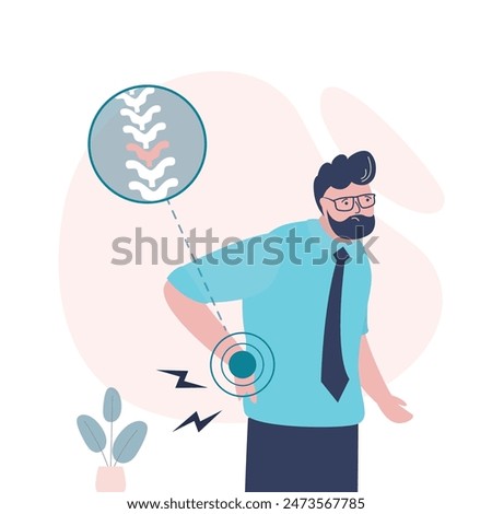 Unhappy man has low back pain and sciatica from a herniated disc. Medical diagrams about trapped nerves make patients chronic pain in the back and paralysis. Businessman feels pain in his back. vector