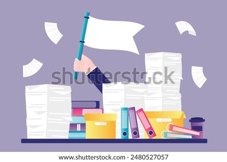 Hand of businessman holding white flag. Give up, overloaded employee, overwork concept. Office desk loaded with documents, bills and a lot of papers and folders. Tired office clerk with paperwork.