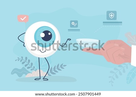 Ophthalmologist hand gives contact lenses to the poorly seeing eye.  Oculist doctor advises to wear lens to the happy eyeball. Help with poor vision. Healthcare and medicine. flat vector illustration