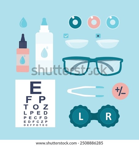 Set of tools and elements of ophthalmology. Medical eyecare items set and glasses on table, top view. Eyesight correction symbols collection. Contact lenses, bottle of cleaning liquid and container.