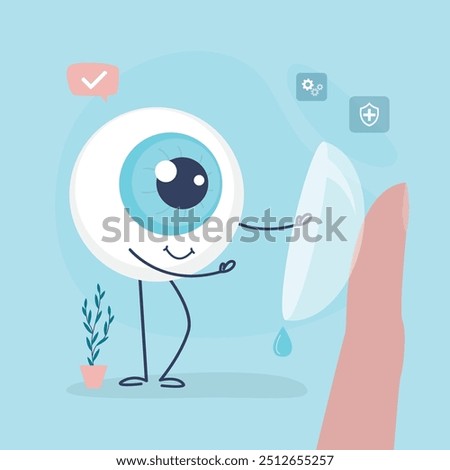 Finger holds contact lens and install on eyeball to improve vision or change eye color. Funny eye character uses lenses for vision correction. Nearsightedness or farsightedness. vector illustration