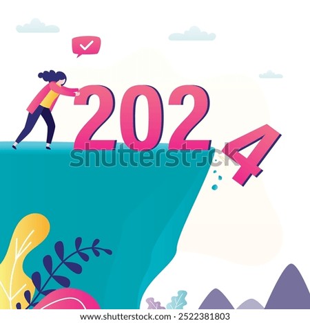 Confident businesswoman throws numbers 2024 off cliff into abyss. The end of year, celebration of new year 2025. Hope for best, motivation, forecasting. Summing up business year. vector illustration