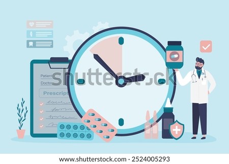 Hours of taking medicine from doctor. On time taking medicine pills reminder. Therapist holds medicine pill, giant alarm clock near. To remind patient to take pills on time. Medical and health care.