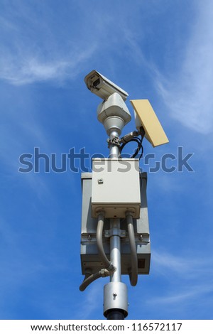 CCTV with microwave transmitter under blue sky