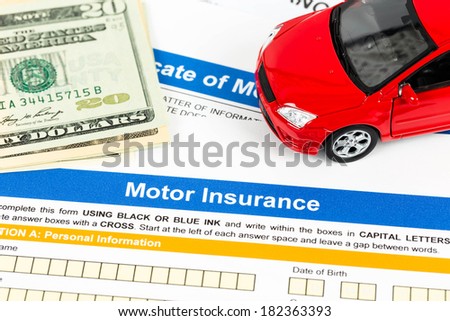 Motor or car insurance application with car model, and dollar banknote
