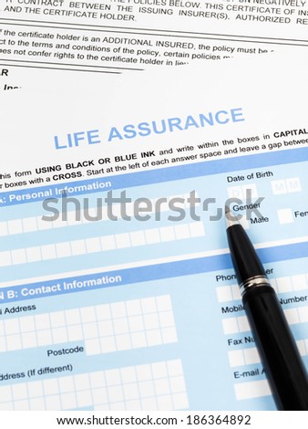 Life assurance application form with pen concept for life planning