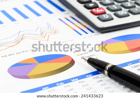 Marketing report chart and graph analysis with pen and calculator