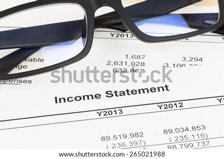Income statement financial report with glasses; statement is mock-up