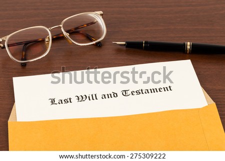 Last will on cream color paper with glasses and pen in envelope, document and information are mock-up