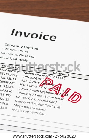 Invoice with paid stamp; invoice is mock-up