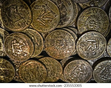 Old coins of different Nationalities, from different periods. Image digitally manipulated as one old photo.