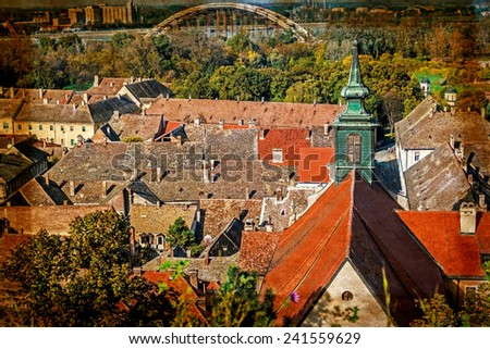 View of the old roof in Novi Sad, Serbia from the Petrovaradin fortress height. Image digitally manipulated in the form of old postcard.