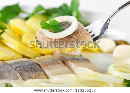 Portion of herring fish fillets with potato and onion