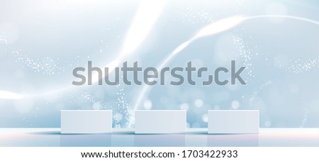 Cosmetic background for product, branding and packaging presentation. geometry form square molding on podium stage with blue glittering light effect background. vector design.