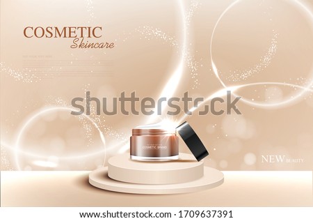 Cosmetics or skin care product ads with bottle on gold circle podium stage with glittering light effect. vector design.
