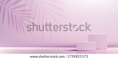 Cosmetic background for product, branding and packaging presentation. geometry form square molding on podium stage with shadow of leaf purple background. vector design.