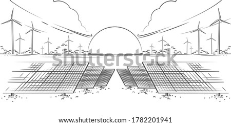 Solar panels and wind turbines or alternative sources of energy. drawn sketch. Vector illustration design.