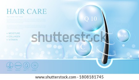 Hair care products,  prevent split ends serum shampoo, cosmetics concept, vector illustration. 商業照片 © 