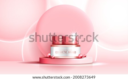 Cosmetics spa or skin care product ads with bottle, banner ad for beauty products , pink pearl and bubble on pink background glittering light effect. vector design.