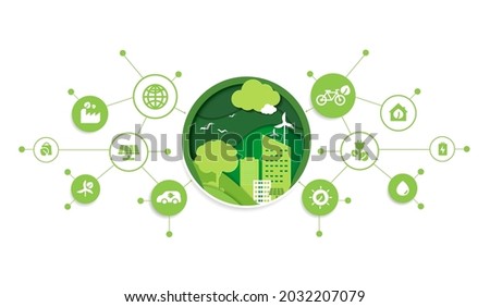 Paper cut of eco technology or environmental technology concept modern green city and plant leaf growing inside.  Eco-friendly urban lifestyle with icons over the network connection. vector design.