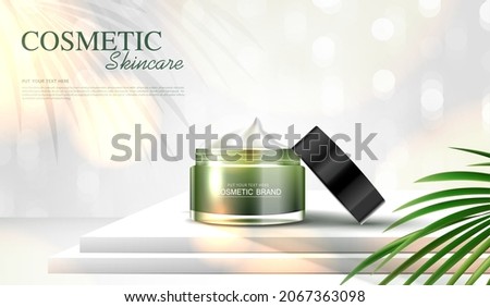Refreshing green tea cosmetics or skin care product ads with bottle, banner ad for beauty products, leaves on background glittering light effect. vector design.