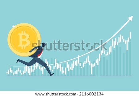 Bitcoin business - Businessman bear bitcoin in front of rising chart. Accumulation and buying crypto currency concept. International stock exchange. Bitcoin uptrend. vector design.