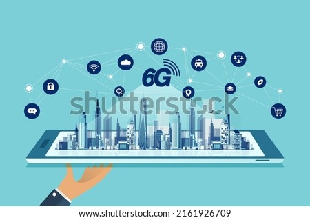 6G technology concept. modern city and communication 6g network connection concept with smartphone. high-speed mobile Internet, new generation networks. mixed media. vector design.