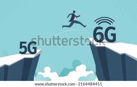 Technology transformation change from 5G to 6G by businessman jumping from 5G cliff to 6G cliff on blue sky. connection and internet network concept. vector design.