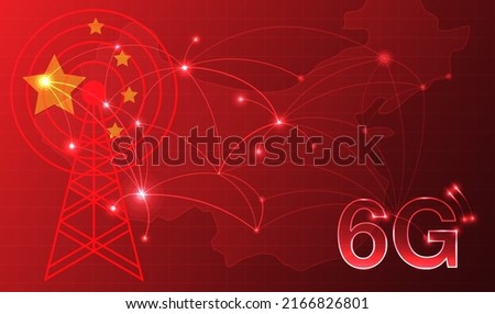 Chinese flag for technology 6G technology wireless data transmission, Information flow modern network connection concept background. global connection and internet network concept. vector design.