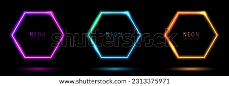 Set of glowing neon hexagon lighting lines pink-purple, blue-green, orange-yellow, blue-green illuminate hexagon frame design. collection of glowing neon lighting on dark background with copy space. 