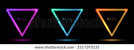 Set of glowing neon triangle lighting lines pink-purple, blue-green, orange-yellow, blue-green illuminate hexagon frame design. collection of glowing neon lighting on dark background with copy space. 