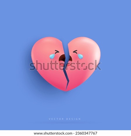 Cartoon broken heart. cute sad or cries face character set, breakup and heartbreak. vector design.