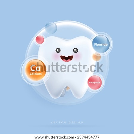 Tooth healthy sparkling white with calcium, fluorine and phosporus. can be used in children dentist clinic. Medical health and dentistry concept. cartoon dental character. vector design.