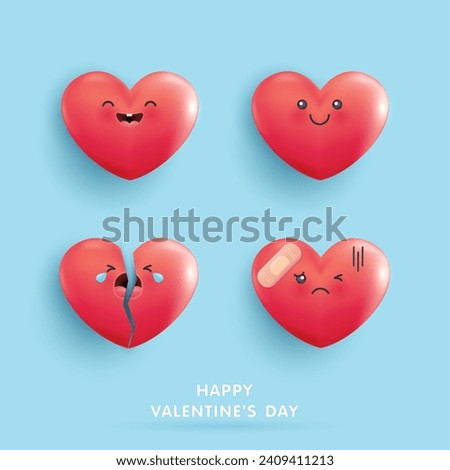 Happy Valentine's Day, set icon heart symbol love. cute hearts red cartoon on blue background. emotional face of heart-shaped cartoon. happy, sad, crying, hurt. vector illustration design.