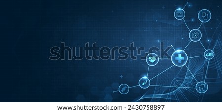 Health care medical science with icon digital technology world concept modern business. innovation, treatment, medicine. abstract about hi tech future blue background and medical research. vector.