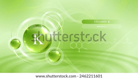 Vitamin K on a green background. skin care with water droplets is absorbed into the skin and cells. use ads, lotions, serums, creams. medical and scientific concepts. vector.